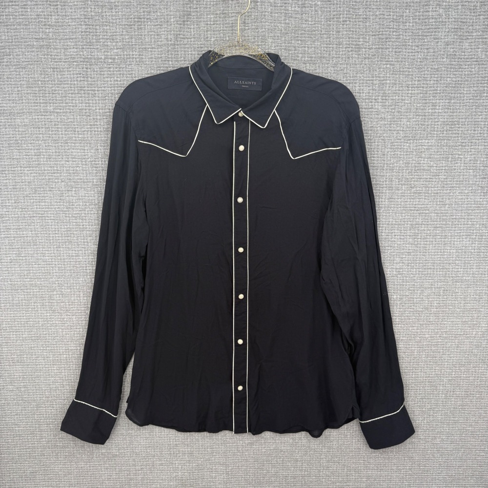 AllSaints Nero LS Shirt Mens S Black Western Piping Pearl Snap Viscose